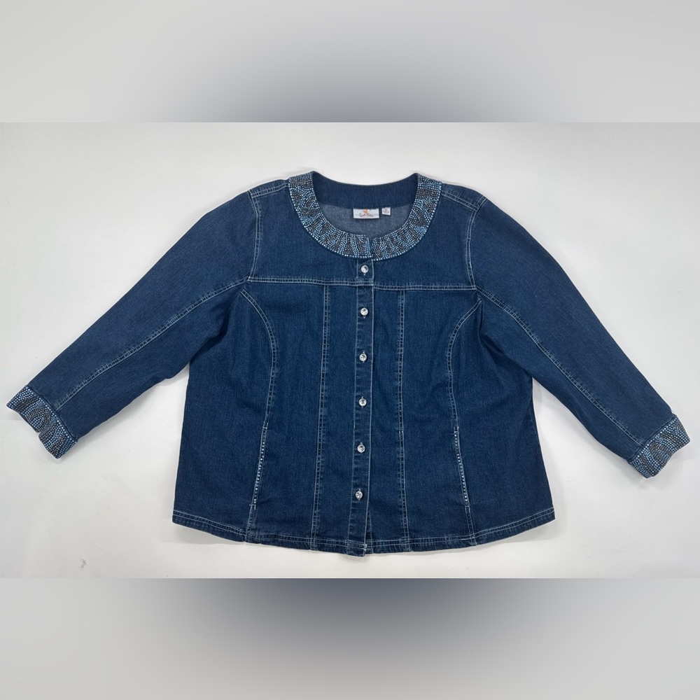 Quacker Factory Denim Jacket Womens 2X Blue Jean Bling Studded Glam Ranch Y2K